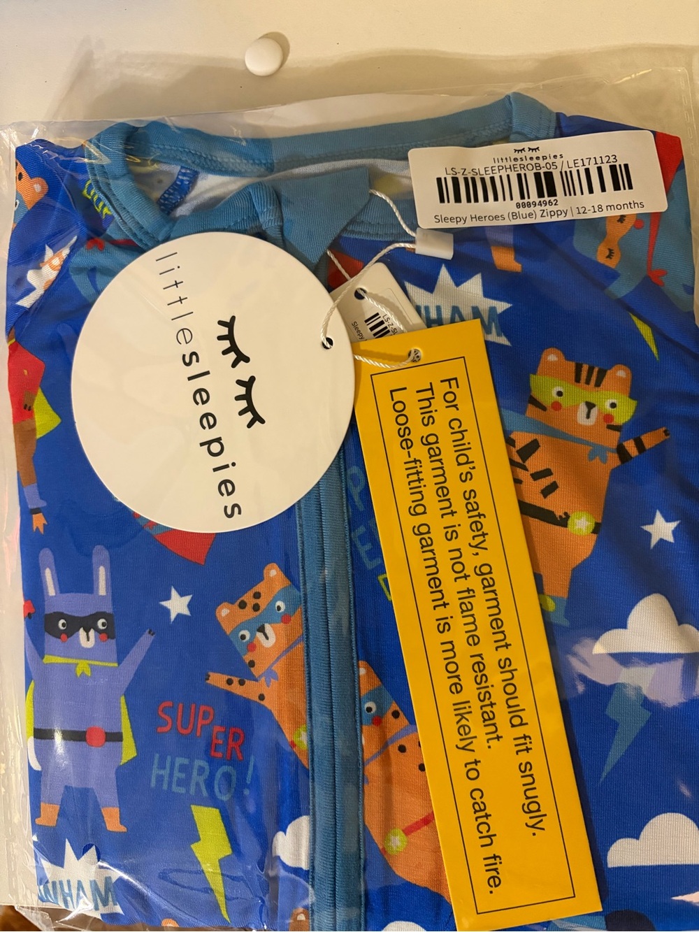 Little Sleepies Blue Superhero Animal Zippy One-Piece